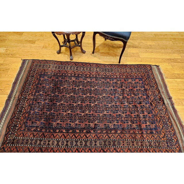 Vintage Baluch Tribal Area Rug in Allover Geometric Pattern in Navy Blue, Brown, Dark Red For Sale - Image 9 of 18