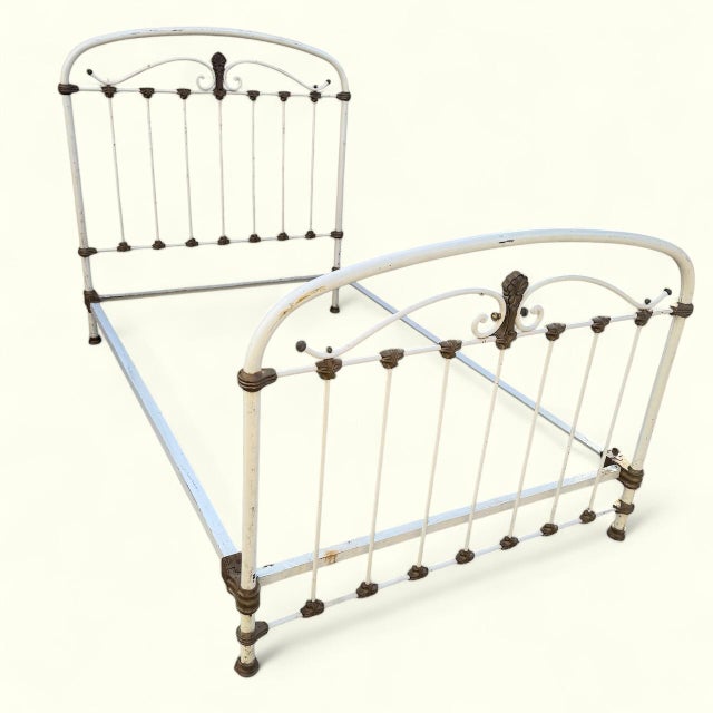 Ivory Antique Wrought Iron and White Brass Bed, 1900 For Sale - Image 8 of 16