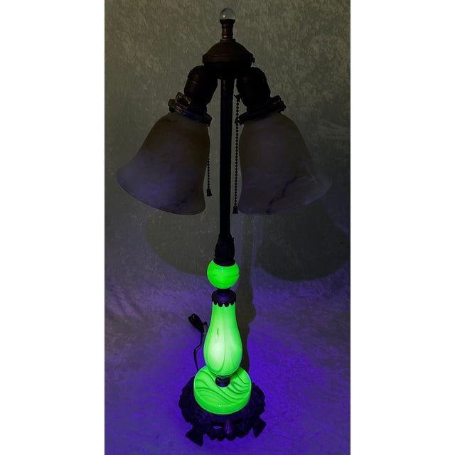 Vintage uranium jadeite table lamp with 2 alabaster shades. The lamp is constructed with 3 uranium jadeite pieces...