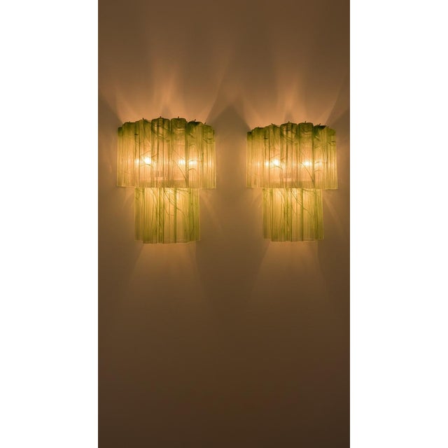 Murano Pair of Italian Murano Green Alabaster Glass Tube Wall Sconces in Polished Nickel, 13 Tubes Each For Sale - Image 4 of 5