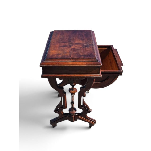 19th Century, American Victorian Walnut, Sewing Table Refurbished. For Sale - Image 4 of 15