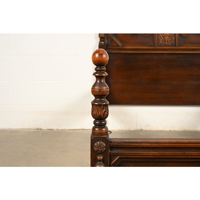 Berkey & Gay Style Antique English Jacobean Carved Walnut and Burl Wood Twin Size Bed, Circa 1920s For Sale - Image 9 of 13
