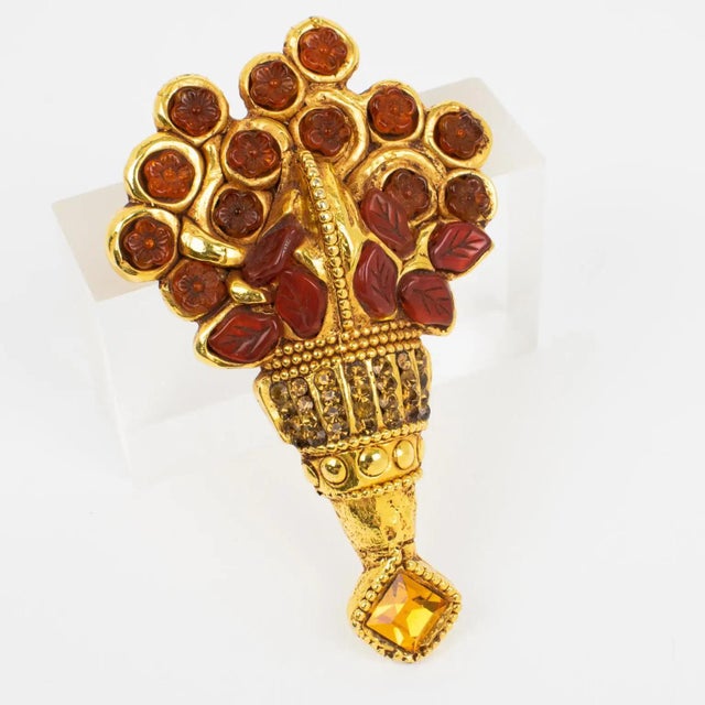 Contemporary Kalinger Paris Gilded Resin and Red Cabochons Bouquet Brooch For Sale - Image 3 of 7