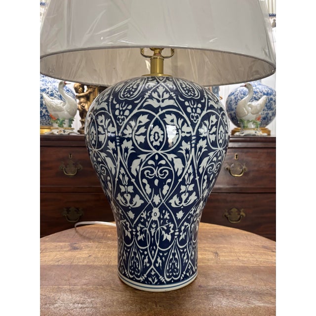 Chinoiserie Contemporary Ralph Lauren Blue and White Ikat Oversized Large Temple Jar Lamp For Sale - Image 3 of 6