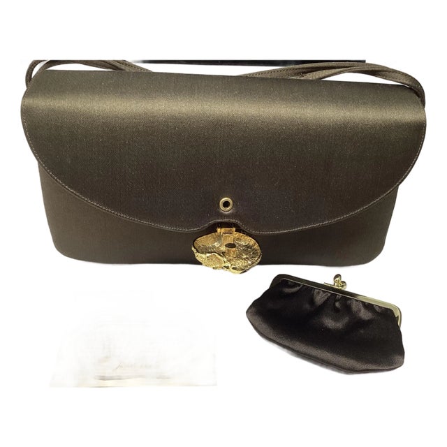 Judith Leiber Brown Satin Flap Evening Bag. Includes Coin Purse and Neiman Marcus Storage Bag. For Sale