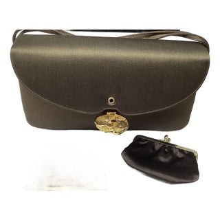 Judith Leiber Brown Satin Flap Evening Bag. Includes Coin Purse and Storage Bag. For Sale