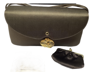 Judith Leiber Brown Satin Flap Evening Bag. Includes Coin Purse and Storage Bag.