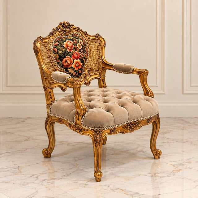 This exquisite French Rococo-inspired armchair features luxurious beige velvet upholstery with deep tufting across the...