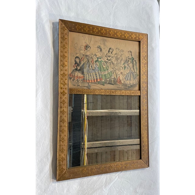 19th C. Gilt Mirror With Hand Painted Fashion Print For Sale - Image 4 of 7