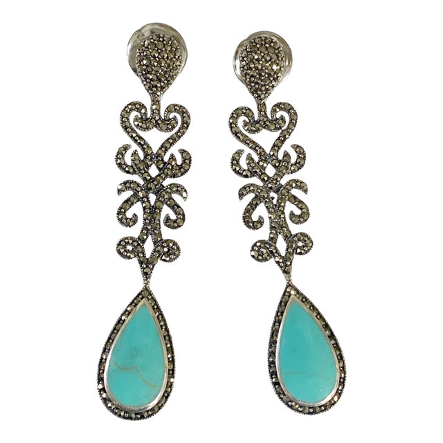 Vintage Sterling Silver and Marcasite Earrings With Turquoise Stone 2.75" Long For Sale
