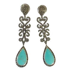 Vintage Sterling Silver and Marcasite Earrings With Turquoise Stone 2.75" Long