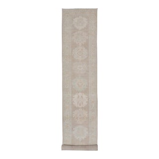 Long Soft Oushak Runner With Sand Field and Pale Green and Blue Accents For Sale