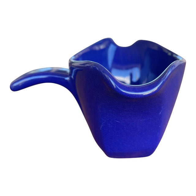 1960s Mid Century Modern Frankoma 6s Cobol Blue Double Spout Handled Gravy Boat For Sale