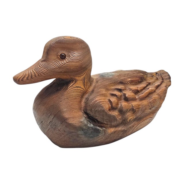 Japanese Showa Period Yakisugi Cryptomeria Duck Sculpture With Glass Eyes 14.5" For Sale - Image 10 of 11