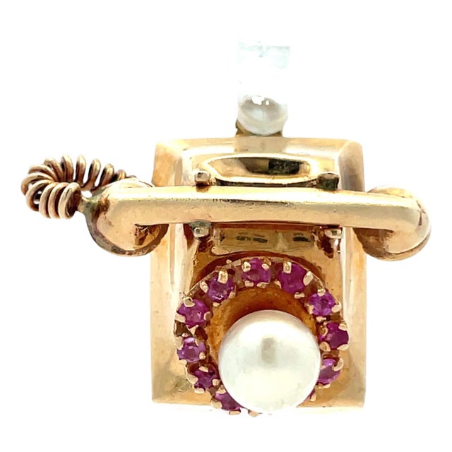 14k Yellow Gold Vintage Telephone Charm With Pearl & Pink Sapphire Dial For Sale