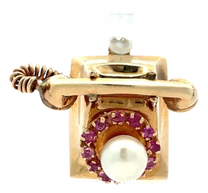 14k Yellow Gold Vintage Telephone Charm With Pearl & Pink Sapphire Dial