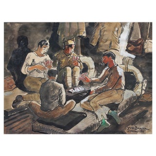 Yves Brayer, Soldiers Playing Cards, 1939, Watercolor, Framed For Sale