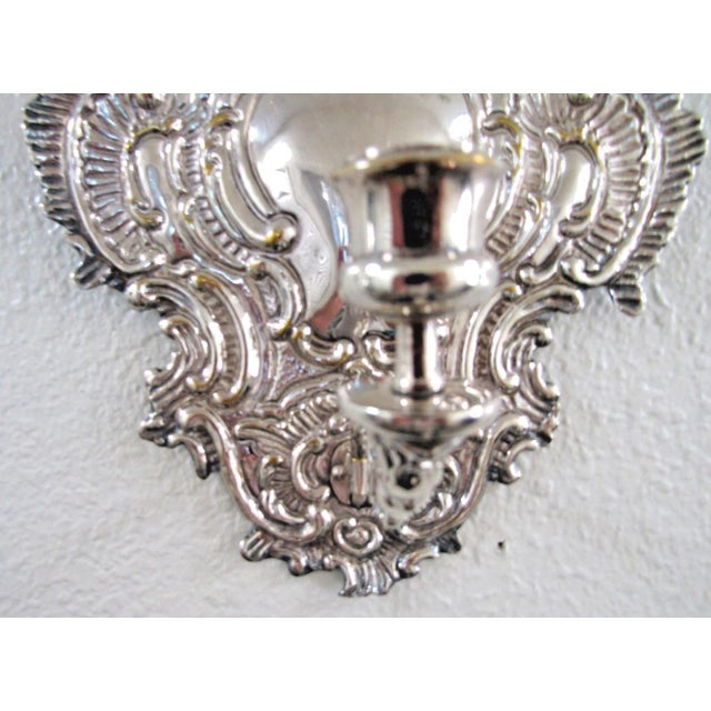 Metal Late 19th Century Matched Pair of Blaker Baroque-Style Repousse Silver Plated Brass Candle Sconces For Sale - Image 7 of 11
