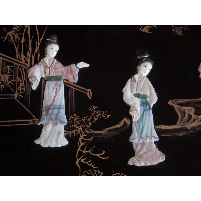 Mid 19th Century Antique Chinoiserie Black Accent Table Asian Design Geisha Glass Top For Sale - Image 5 of 14