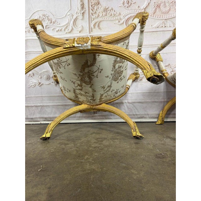 Pair of Italian Neoclassical Curule Stools W/ Fortuny Upholstery For Sale - Image 13 of 17