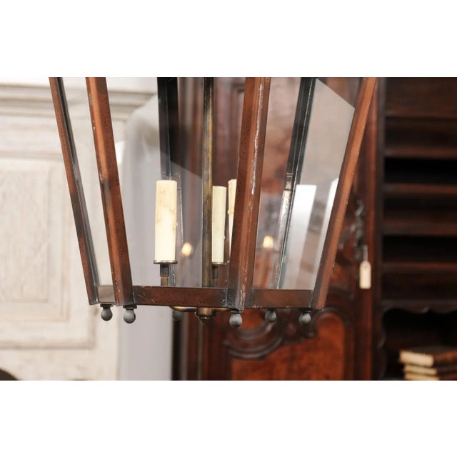 Copper French Copper Three-Light Hexagonal Lanterns with Glass Panels, US Wired - A Pair For Sale - Image 8 of 12