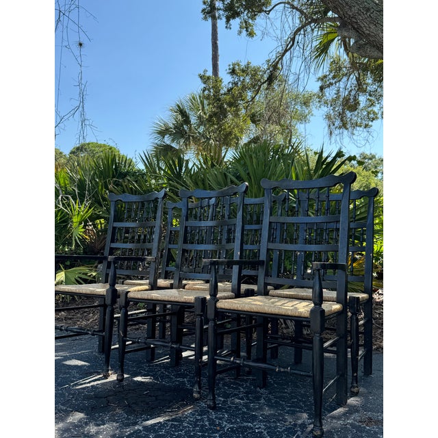 Black Set of 6 Vintage Black Painted Spindle-Back & Ladder-Back Rush Seat Dining Chairs For Sale - Image 8 of 12