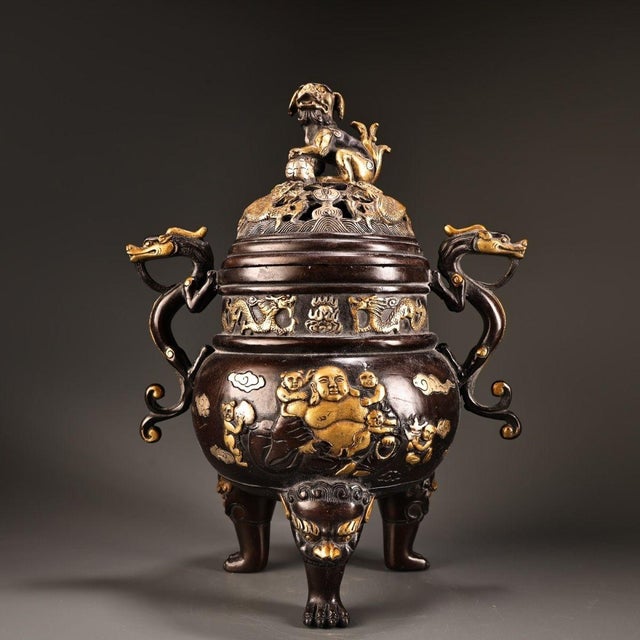 Solid Copper Gilt Gold & Silver High-Relief Incense Burner Censer With Laughing Buddha & Dragons For Sale In Los Angeles - Image 6 of 10