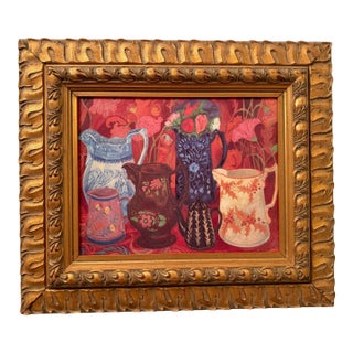 “Floral Fantasia With Pitchers” — Bold Modernist Still Life in Ornate Gilt Frame For Sale