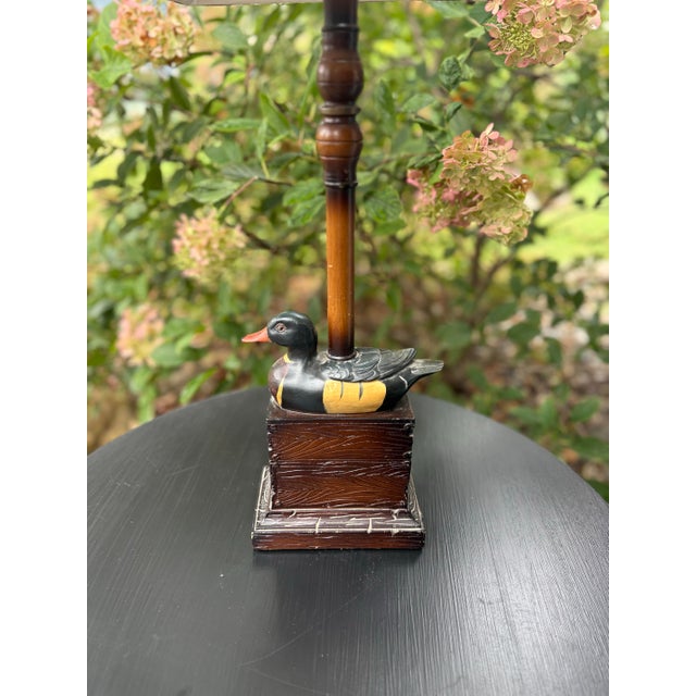 English Vintage Hand-Painted Duck Table Lamp With Faux Bamboo Base & Linen Shade For Sale - Image 3 of 4