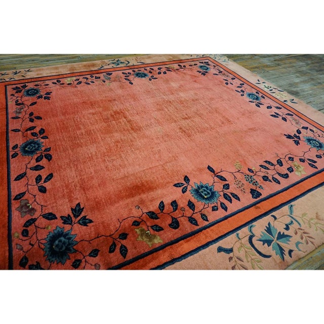 1920s Coral Open Field Antique Chinese Art Deco Square Knotted Pile Floral Rug For Sale In New York - Image 6 of 10