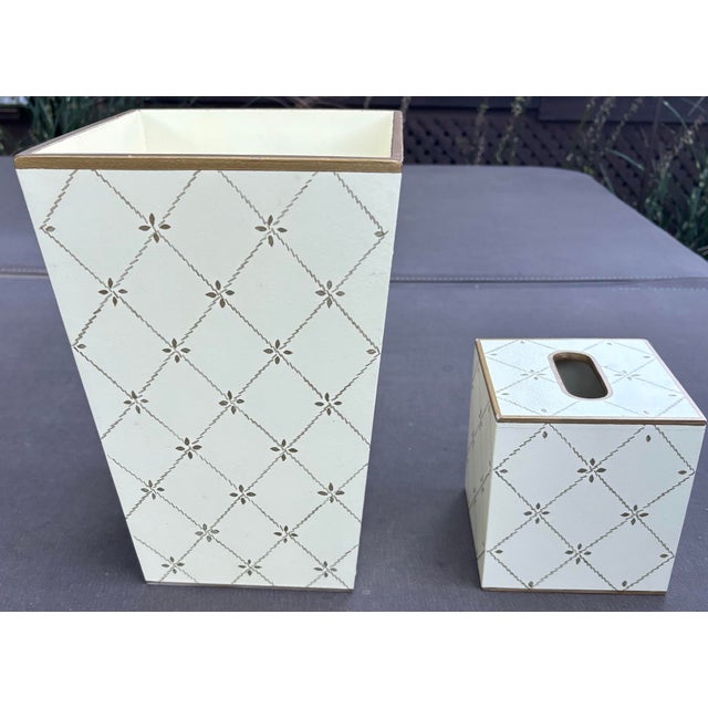 Allen G Designs Hand-Painted Ivory & Gold Wastebasket & Tissue Box Set For Sale - Image 4 of 11