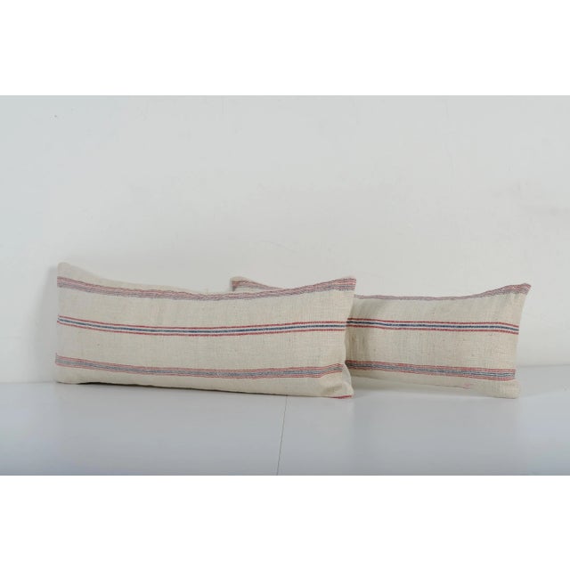 Mid-Century Modern Linen Pillowcase With Red Blue Stripes - A Pair For Sale - Image 3 of 5