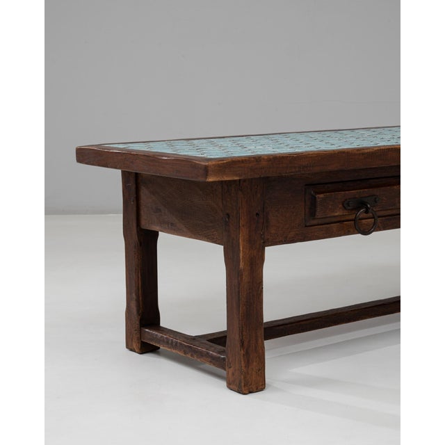Brown 1970s French Wooden Coffee Table With Turquoise Tiled Top For Sale - Image 8 of 18