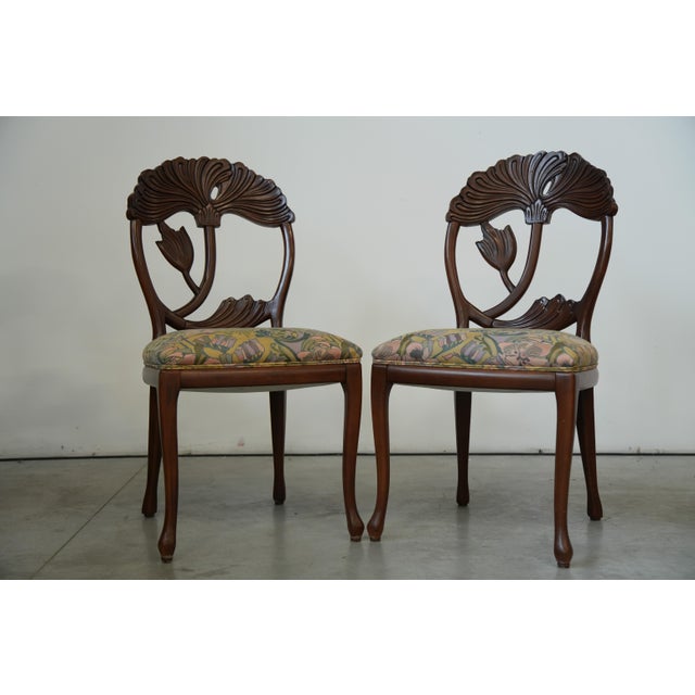 Brown Art Nouveau Revival Hand‑carved Dining Chairs with Floral Seats, 1990s, Set of 6 For Sale - Image 8 of 11