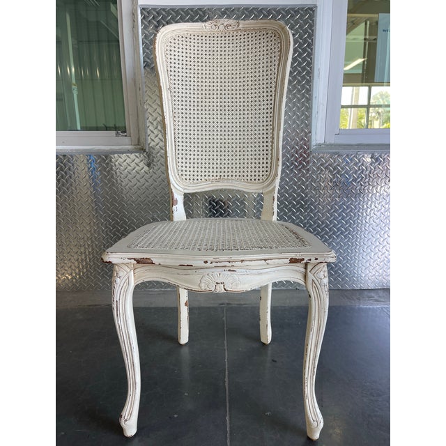 White Vintage Italian Louis XV Style Double Cane Dining Chairs, Set of 4, Distressed White Finish For Sale - Image 8 of 13
