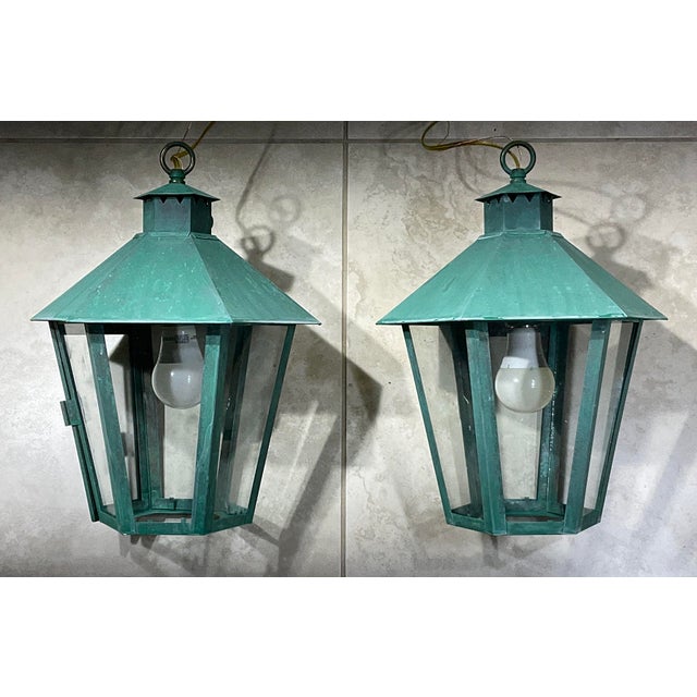 Hand-Crafted Vintage Solid Brass Hexagonal Hanging Lanterns, Usa For Sale - Image 4 of 16