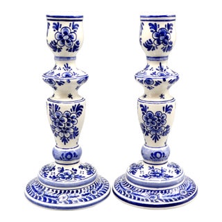Blue & White Dutch Delft Faience Candle Holders, a Pair For Sale