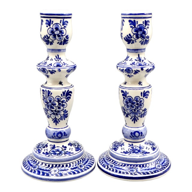 Blue & White Dutch Delft Faience Candle Holders, a Pair For Sale