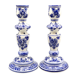 Blue & White Dutch Delft Faience Candle Holders, a Pair