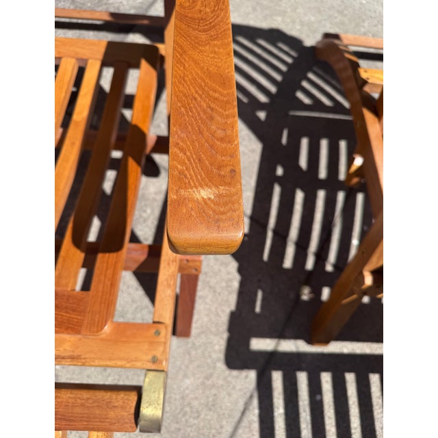 Wood Late 20th Century Pair of Folding Teak Deck Chairs With Queen Elizabeth, 1st Class Only Label For Sale - Image 7 of 16