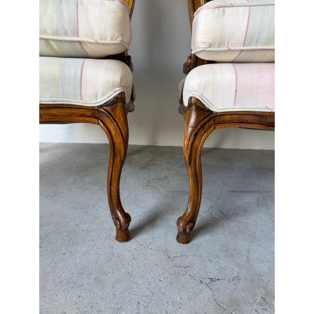 1960s Vintage French Provincial Louis XV-Style Carved Walnut & Cane Club Chairs – Pair For Sale - Image 9 of 13