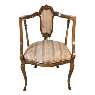 Antique Victorian Pink Floral Striped Carved Wood Brass Studded Side/End Accent Chair For Sale