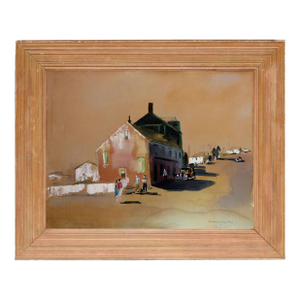 Afternoon Street Scene - Mid Century Figurative Landscape by Rudolf Jacobi