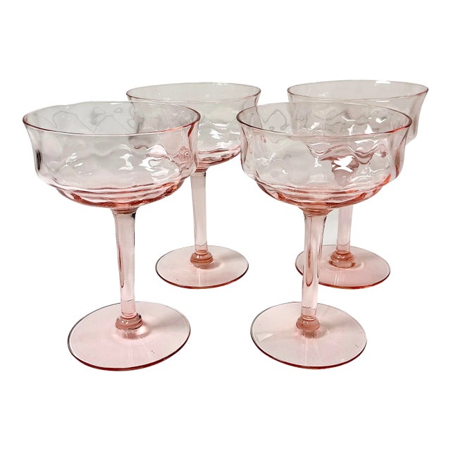 Mid 20th Century Art Deco Hollywood Regency Boho Chic Pink Crystal Champagne Coupes - Set of 4 For Sale