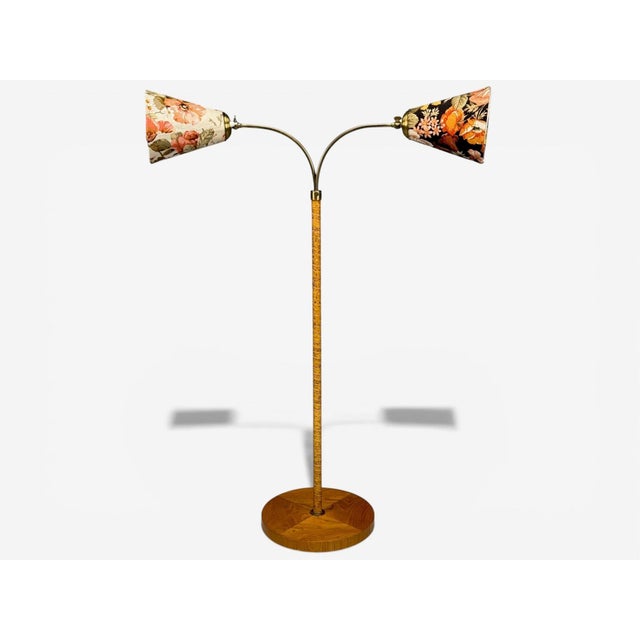 Corona Belysning, Swedish Mid-Century Modern, Floor Lamp, Wood, Brass, Fabric, Sweden, 1940s A wood wrapped brass floor...