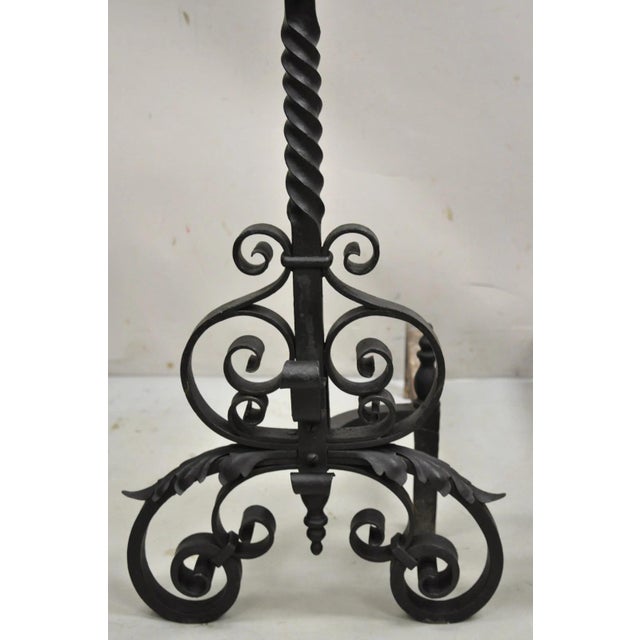 Black Antique Gothic Arts & Crafts Large Wrought Iron Fireplace Andirons With Bar - Set For Sale - Image 8 of 12