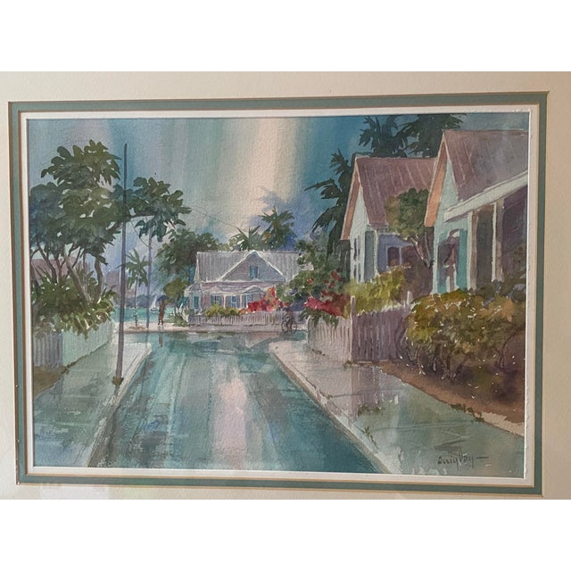 Irma Quigley Original Watercolor Key West Rainy Street Signed Framed Matted For Sale - Image 9 of 11