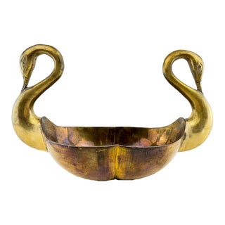 Vintage Brass Double Swan Centerpiece Bowl For Sale