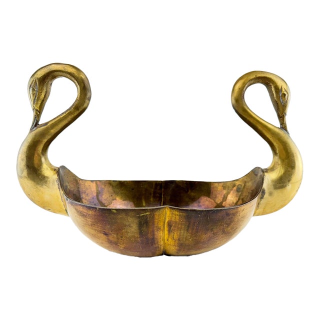Vintage Brass Double Swan Centerpiece Bowl For Sale