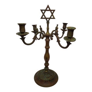 19th C. Polish Bronze Sabbath Candelabrum Star of David Finial Large 18" Rare For Sale
